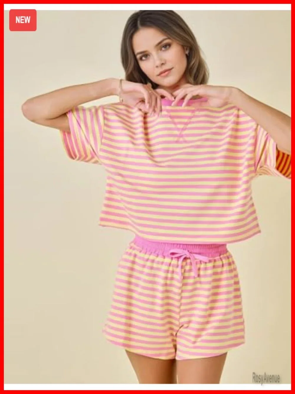 Women Lounge 2 Piece Set Striped Cotton Blend Pajama Shorts Short Sleeve